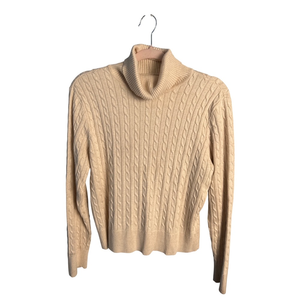 Pria Womens Cream Beige Cable Knit Turtleneck Sweater Large Long Sleeve